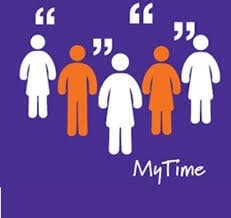 Stick figures communicating, with the logo MyTime underneath them