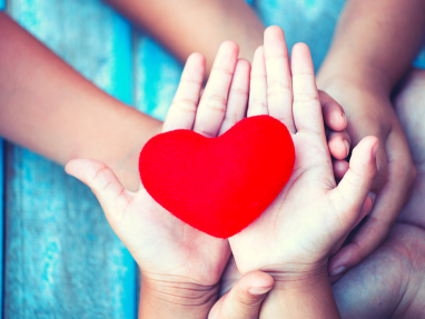 A pair of hands holding a red cut out paper heart