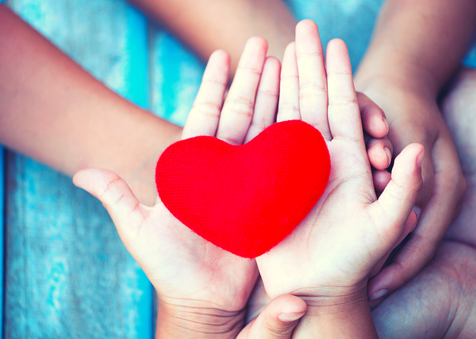 A pair of hands holding a red cut out paper heart