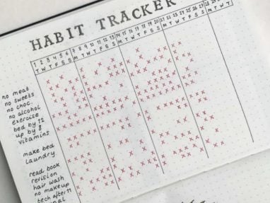 A piece of graph paper, with the title 'Habit Tracker' written on it. A graph sits below the title with red ticks, documenting each habit that was done each day.