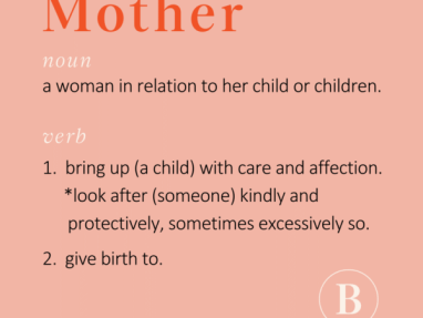 A pink image with the word Mother in large orange text, followed by its definition as both a noun and verb, describing a woman in relation to her children and caring for or giving birth to a child.