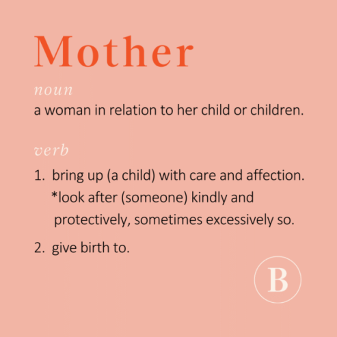 A pink image with the word Mother in large orange text, followed by its definition as both a noun and verb, describing a woman in relation to her children and caring for or giving birth to a child.