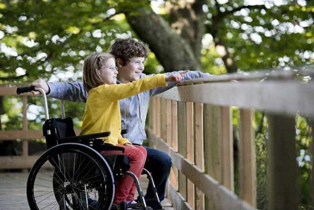 A young girl in a wheelchair and a boy stand together on a wooden boardwalk, both smiling and pointing at something in the distance, surrounded by green trees.