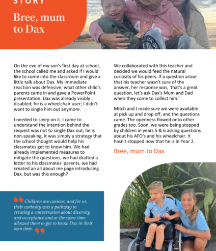A newsletter page titled “Parent Story: Bree, mum to Dax” shows a story about a mother introducing her autistic son to his classmates. It includes text, a photo of Bree and Dax smiling outdoors, and highlighted quotes.