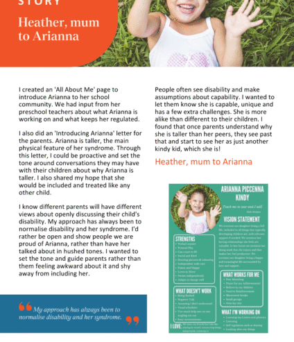 A parent story page featuring Heather and her daughter Arianna, with text about disability advocacy, a circular photo of them smiling together, and a sidebar highlighting Arianna’s strengths, support needs, and goals.