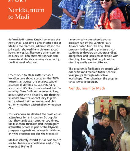 A magazine page titled Parent Story: Nerida, mum to Madi features text about Nerida’s experience supporting her daughter, who uses a wheelchair. The page includes a photo of Nerida and Madi smiling together outside.