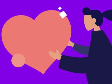 An illustration of a person with dark hair in a bun, wearing dark clothing, holding a large pink heart against a bright purple background. Simple geometric shapes and a minimalistic style are used.