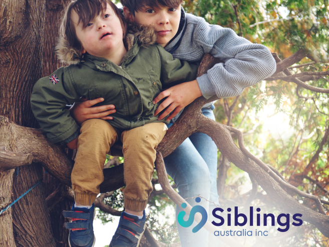 Brothers, one with down syndrome climbing a tree together