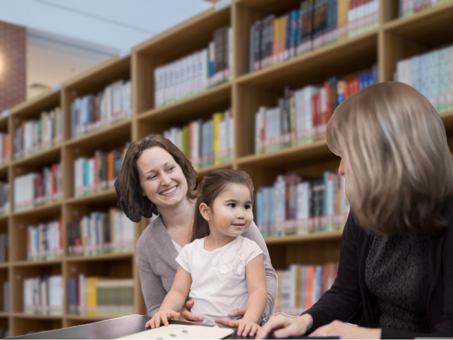 Mother and young child speaking to librarian